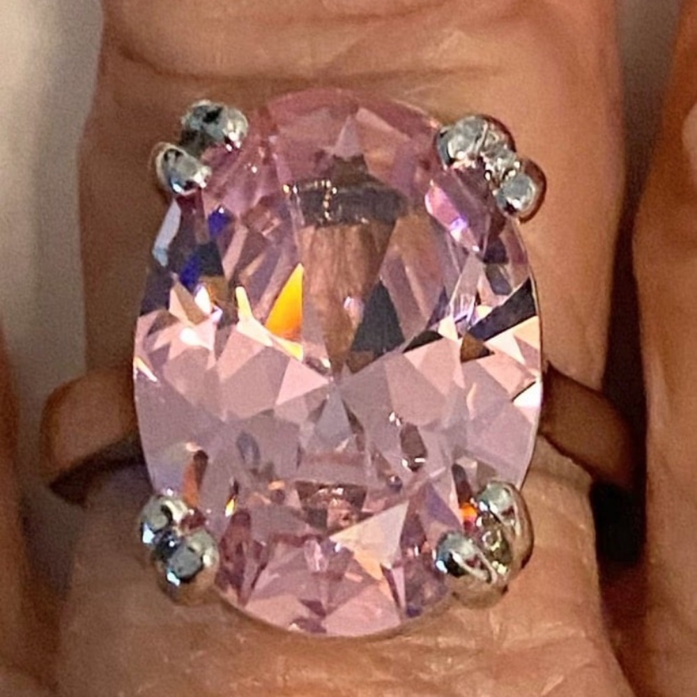 Sterling Silver Plated Ring with Large Pink Oval Synthetic Cubic Zirconia